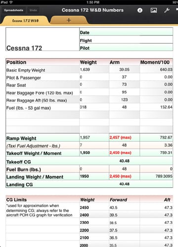 Weight and balance file on Numbers