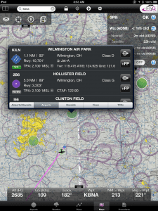 Double-tapping a color-coded weather symbol displays basic airport info, but accessing the full weather report takes several more taps.