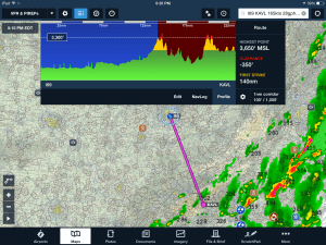 The ForeFlight terrain profile view now gives options for adjusting alert altitude and the route corridor width.