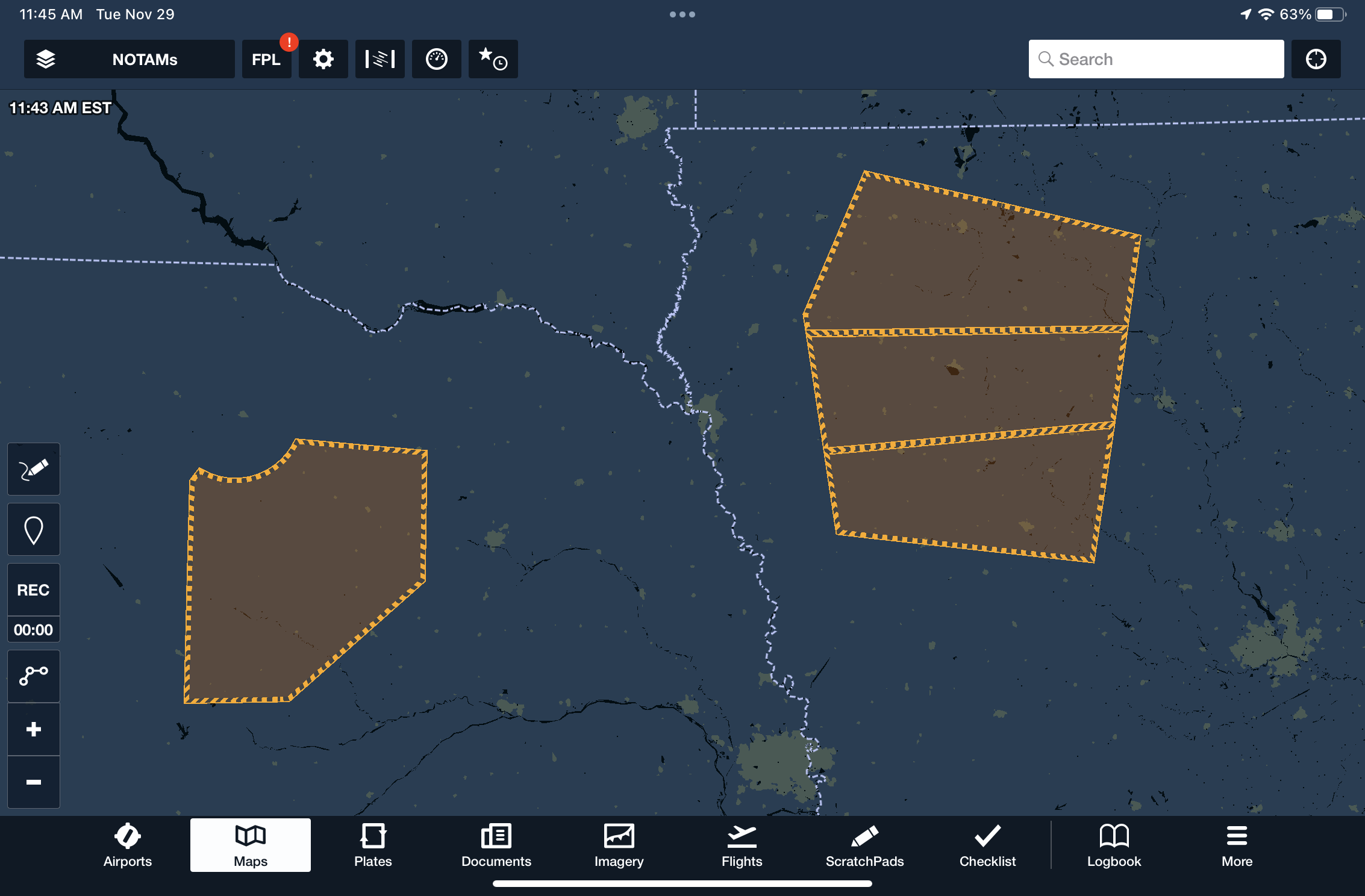 When the NOTAMs layer is enabled on the map, what is the significance of an area highlighted with yellow shading?