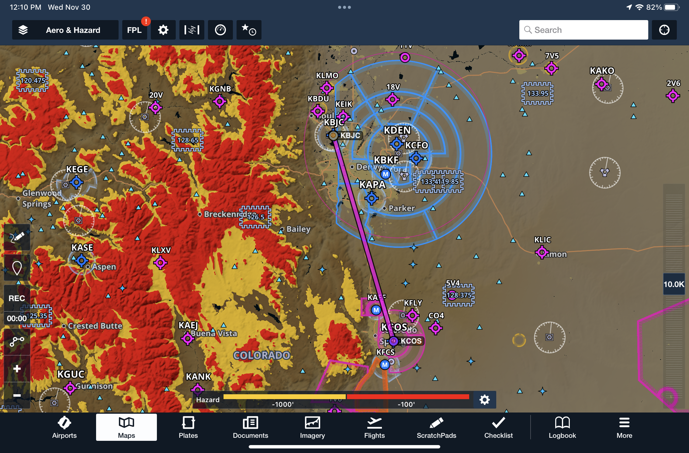 What do the yellow and red colors indicate for terrain when the Hazard Advisor layer is enabled?