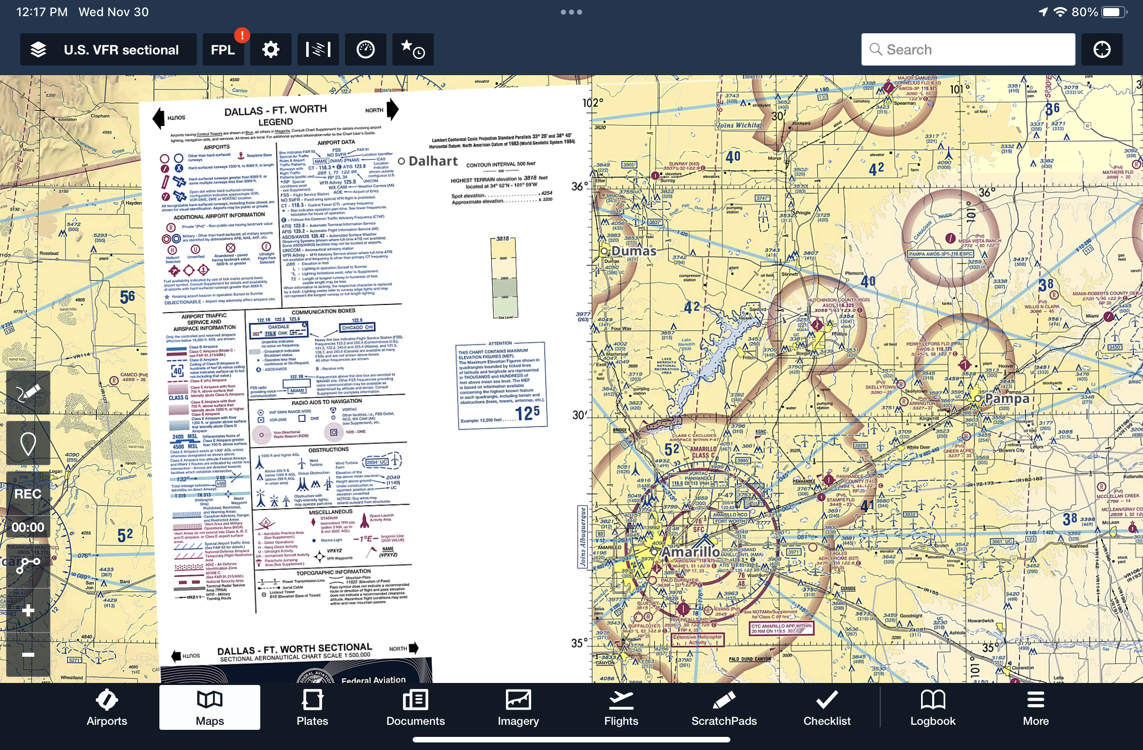 How can you display the legend and side panel of VFR Sectional or IFR En Route chart on the map?